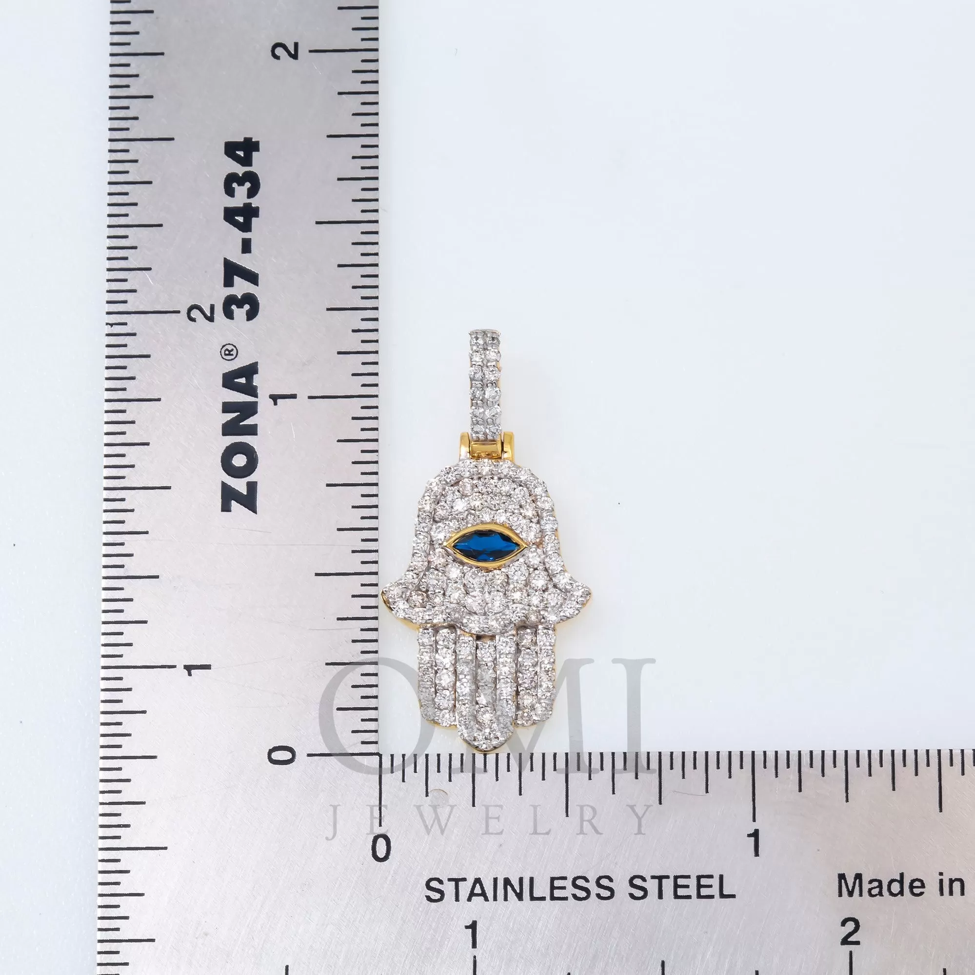 10K GOLD DIAMOND HAMSA WITH BLUE SAPPHIRE PENDANT 1.15 CTW