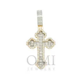 14K GOLD BAGUETTE DIAMOND INVERTED FLEUR DE LIS CROSS PENDANT 1.25 CT