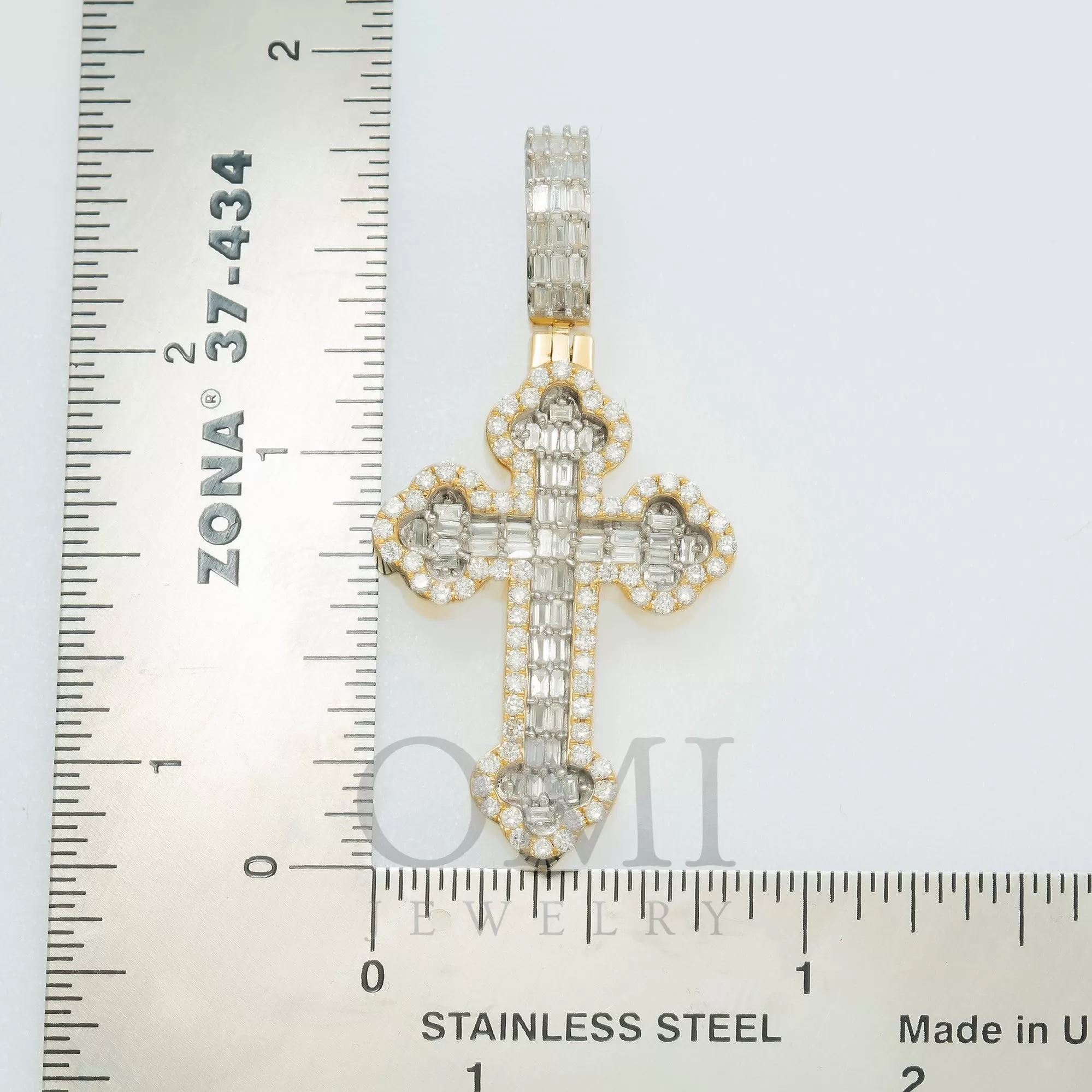 14K GOLD BAGUETTE DIAMOND INVERTED FLEUR DE LIS CROSS PENDANT 1.25 CT