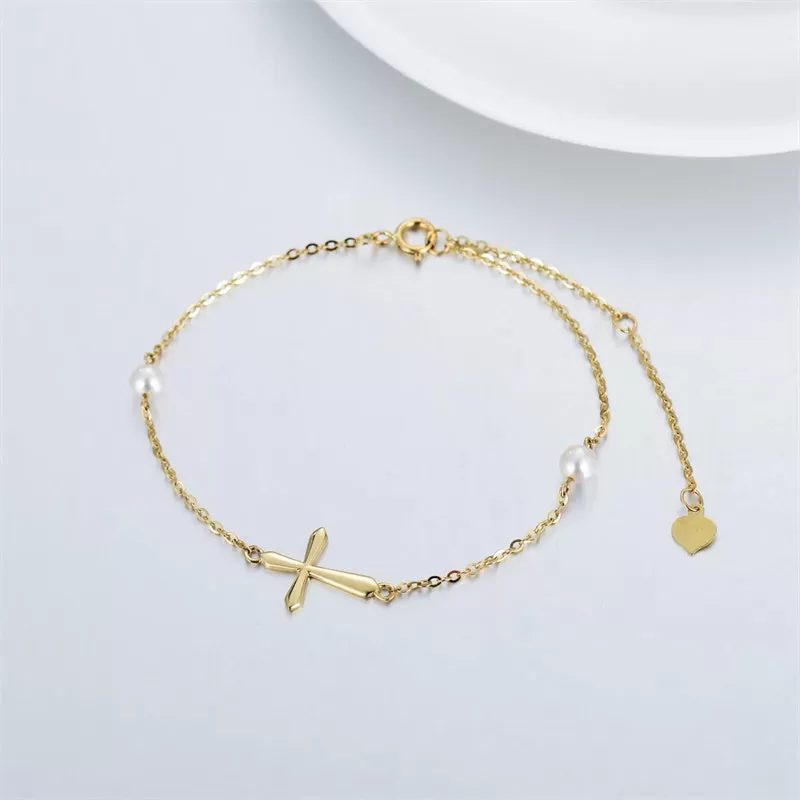 14k Gold Cross Anklets for Women, Real Pearl Religious Ankle Bracelet Gifts for Her, 9.4 0.8 0.8