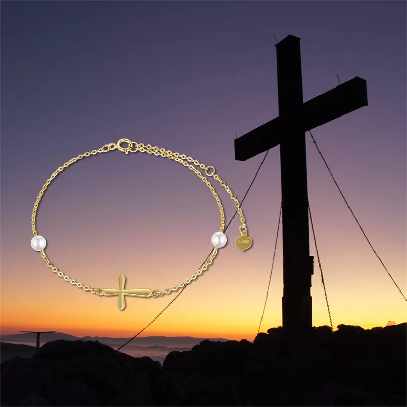 14k Gold Cross Anklets for Women, Real Pearl Religious Ankle Bracelet Gifts for Her, 9.4 0.8 0.8