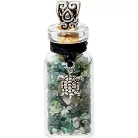 1.75" Gemstone Chip Bottle Necklace - Moss Agate with Turtle