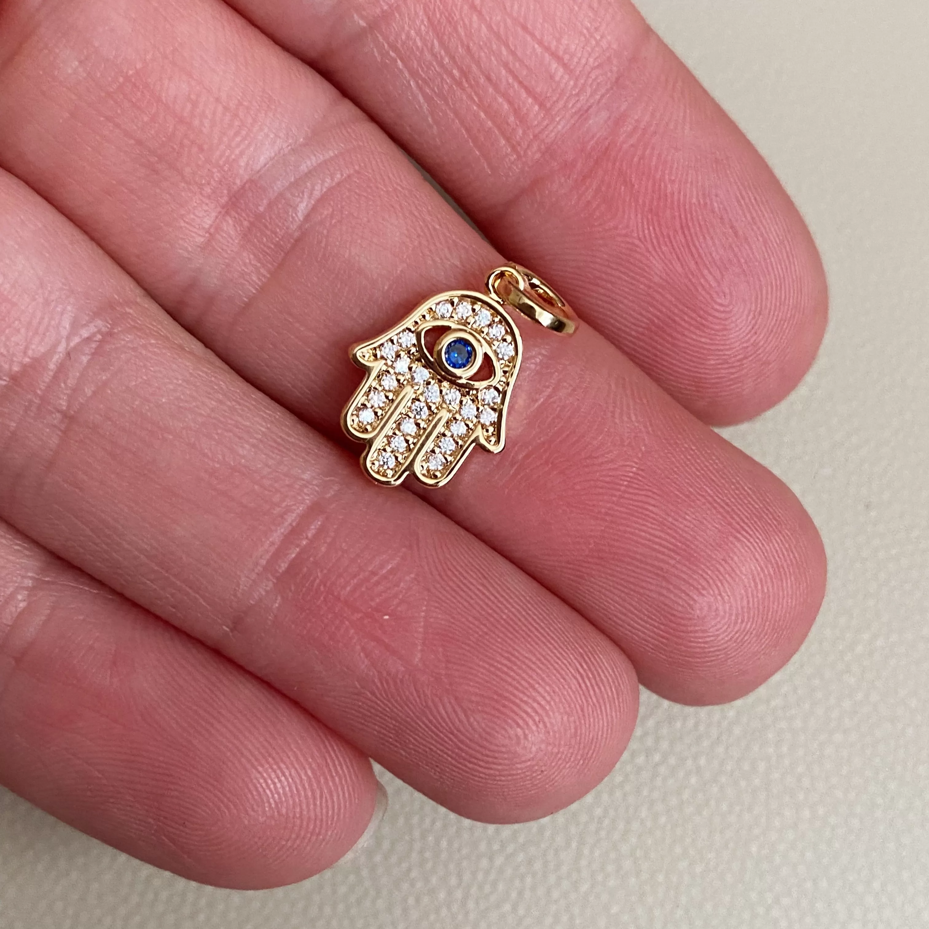 18k Gold Filled Evil Eye Hamsa Charm Featuring Cubic Zirconia Pendant