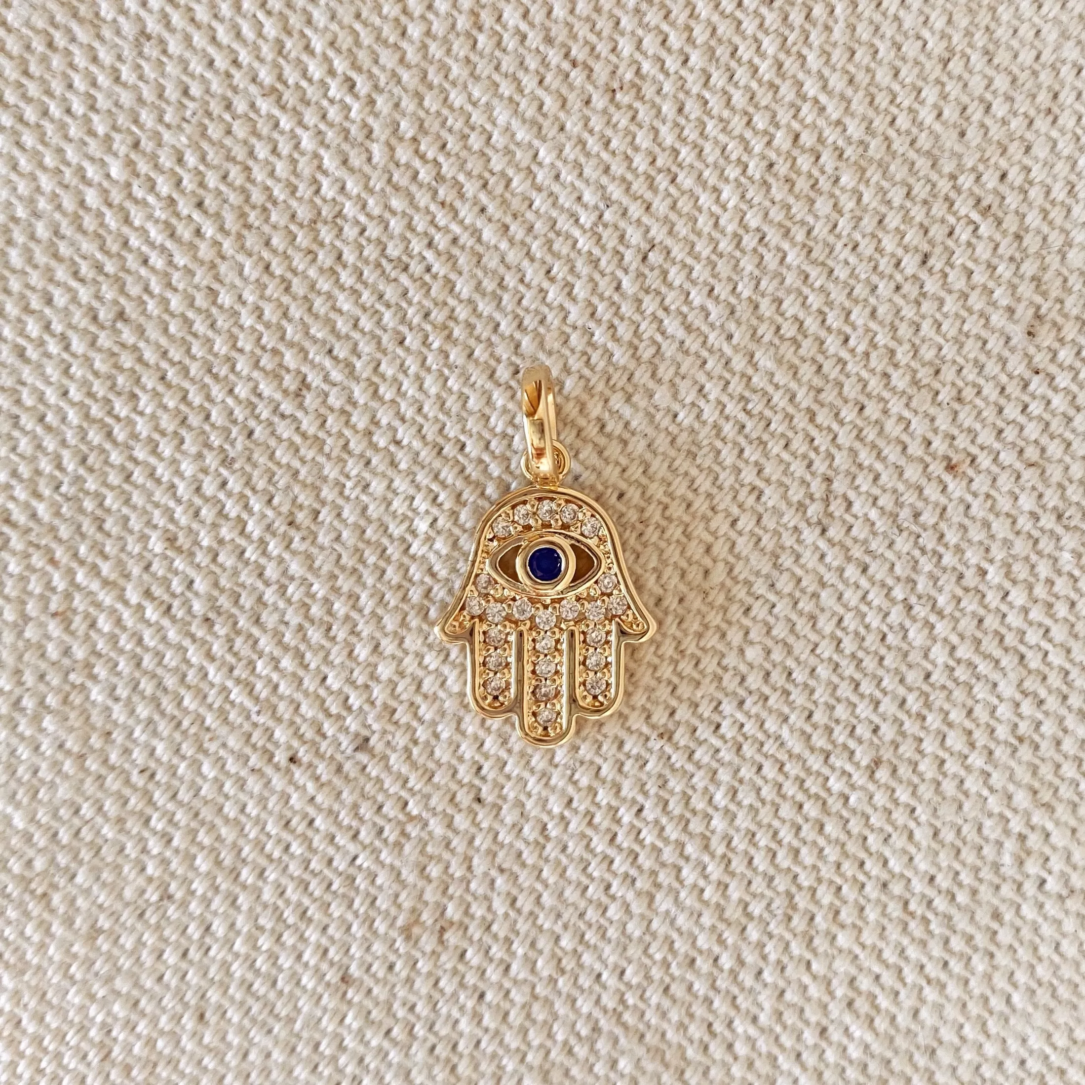 18k Gold Filled Evil Eye Hamsa Charm Featuring Cubic Zirconia Pendant