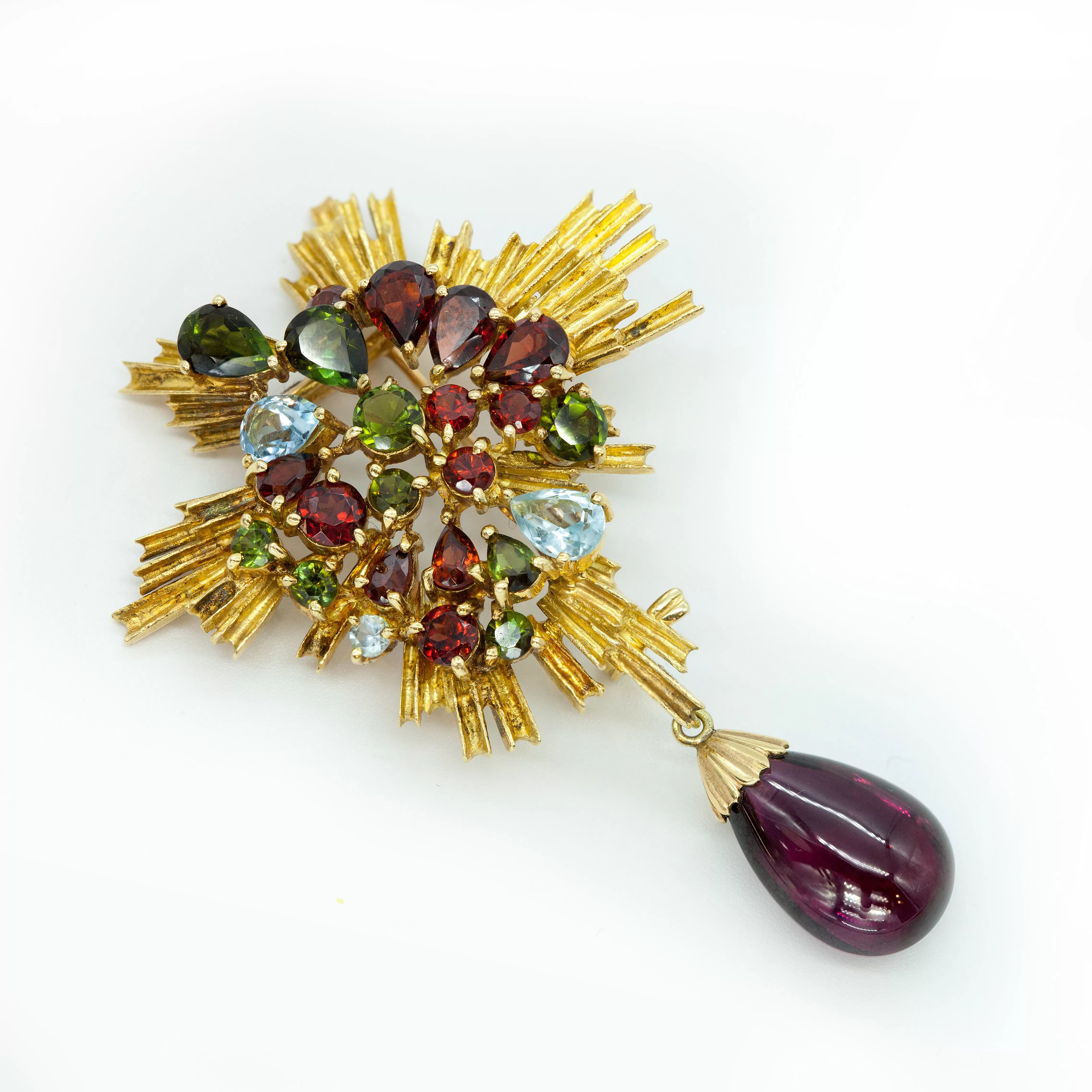 1960s H. Stern 18K Yellow gold 2-pin Brooch with Gems and Rubellite Drop