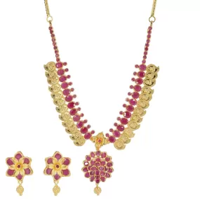 22K Yellow Gold Floral Kasu Lakshmi Coin Necklace & Earrings Set W/ Rubies