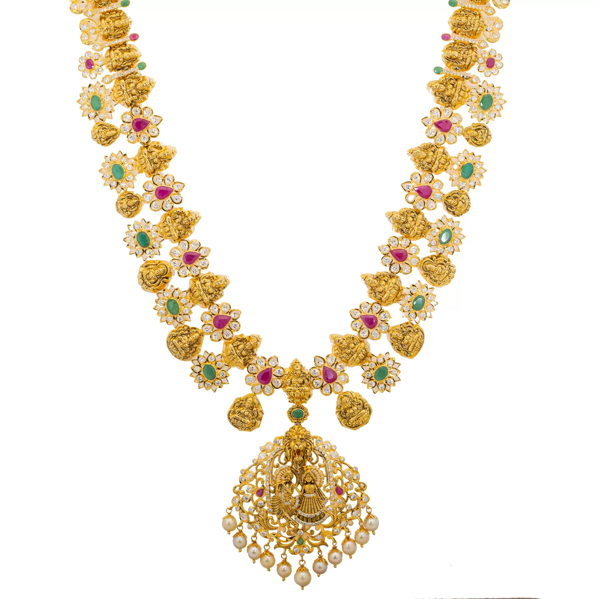 22K Yellow Gold, Gem, CZ, and Pearl Temple Necklace Set (133.3gm)