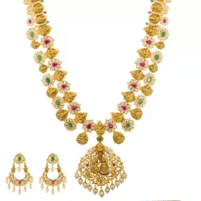 22K Yellow Gold, Gem, CZ, and Pearl Temple Necklace Set (133.3gm)