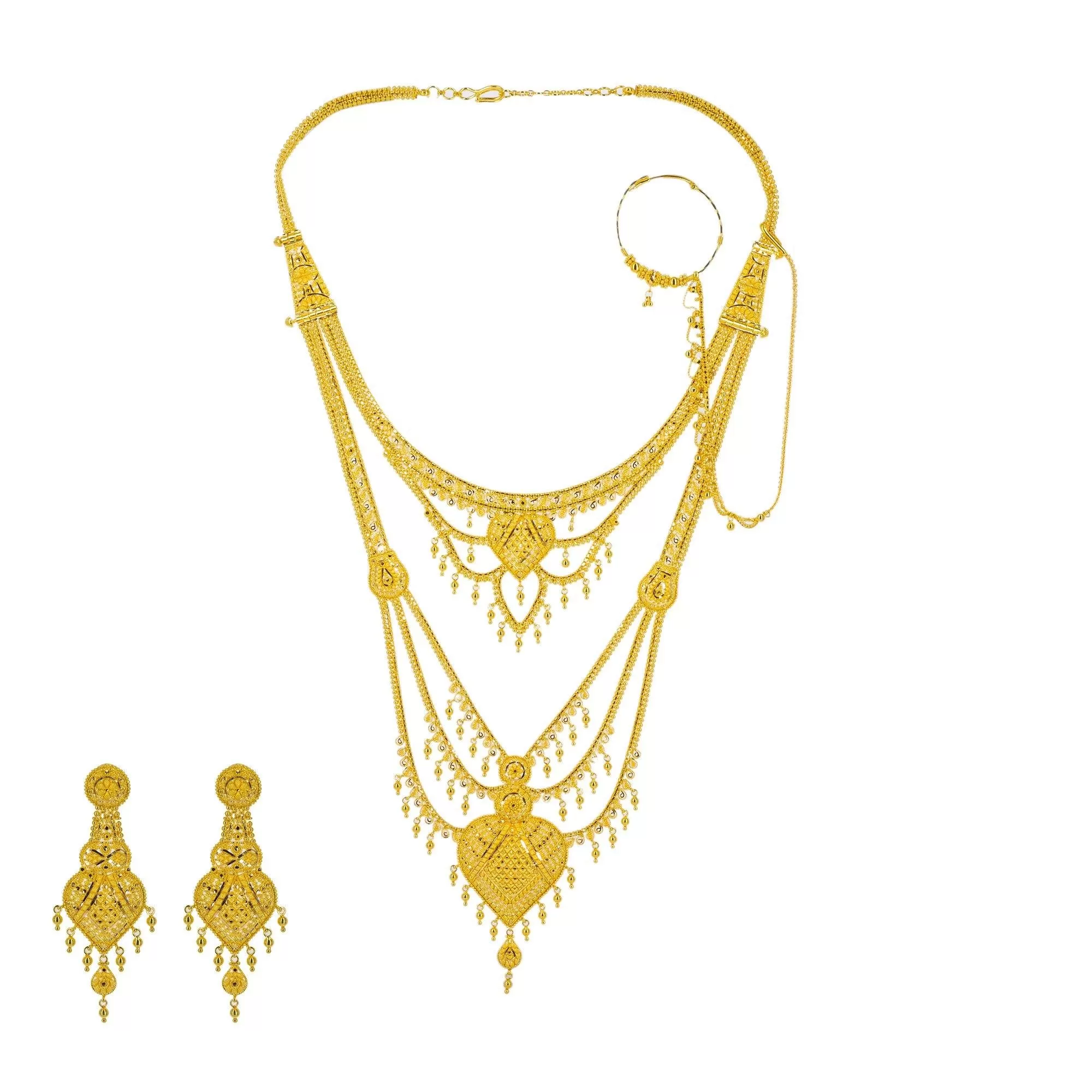 22K Yellow Gold Long Necklace & Earrings Set W/ Nath Nose Ring & Filigree Designs