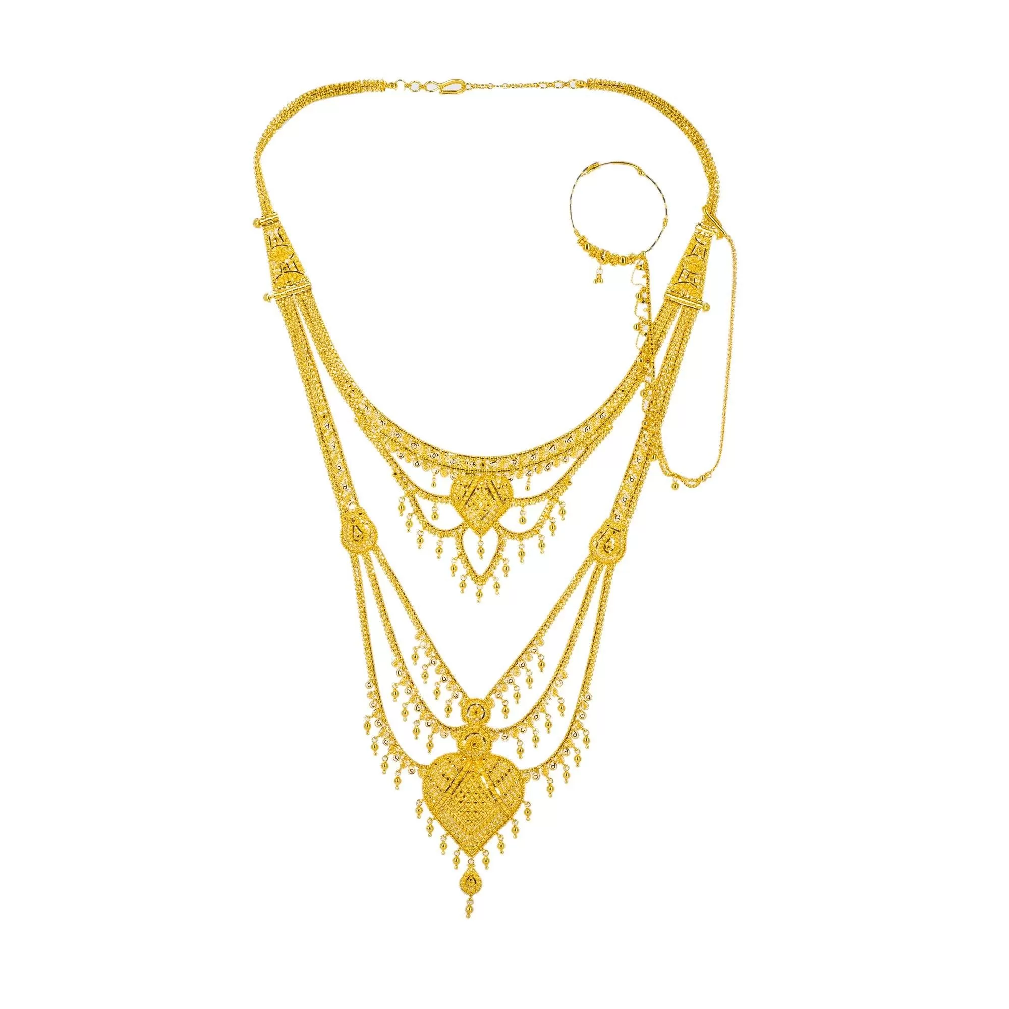 22K Yellow Gold Long Necklace & Earrings Set W/ Nath Nose Ring & Filigree Designs