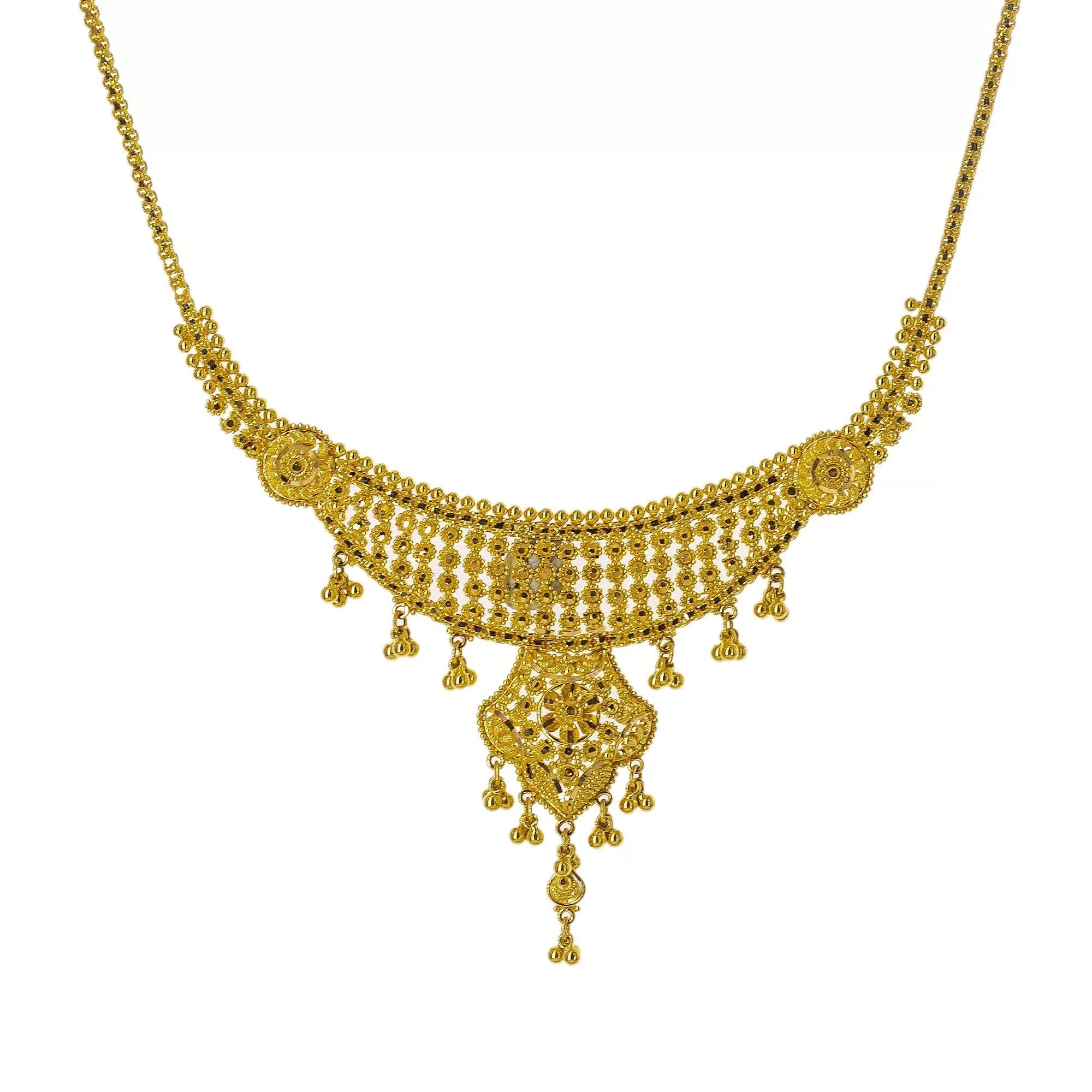 22K Yellow Gold Necklace Set W/ Gold Balls & Abstract Drop Pendants