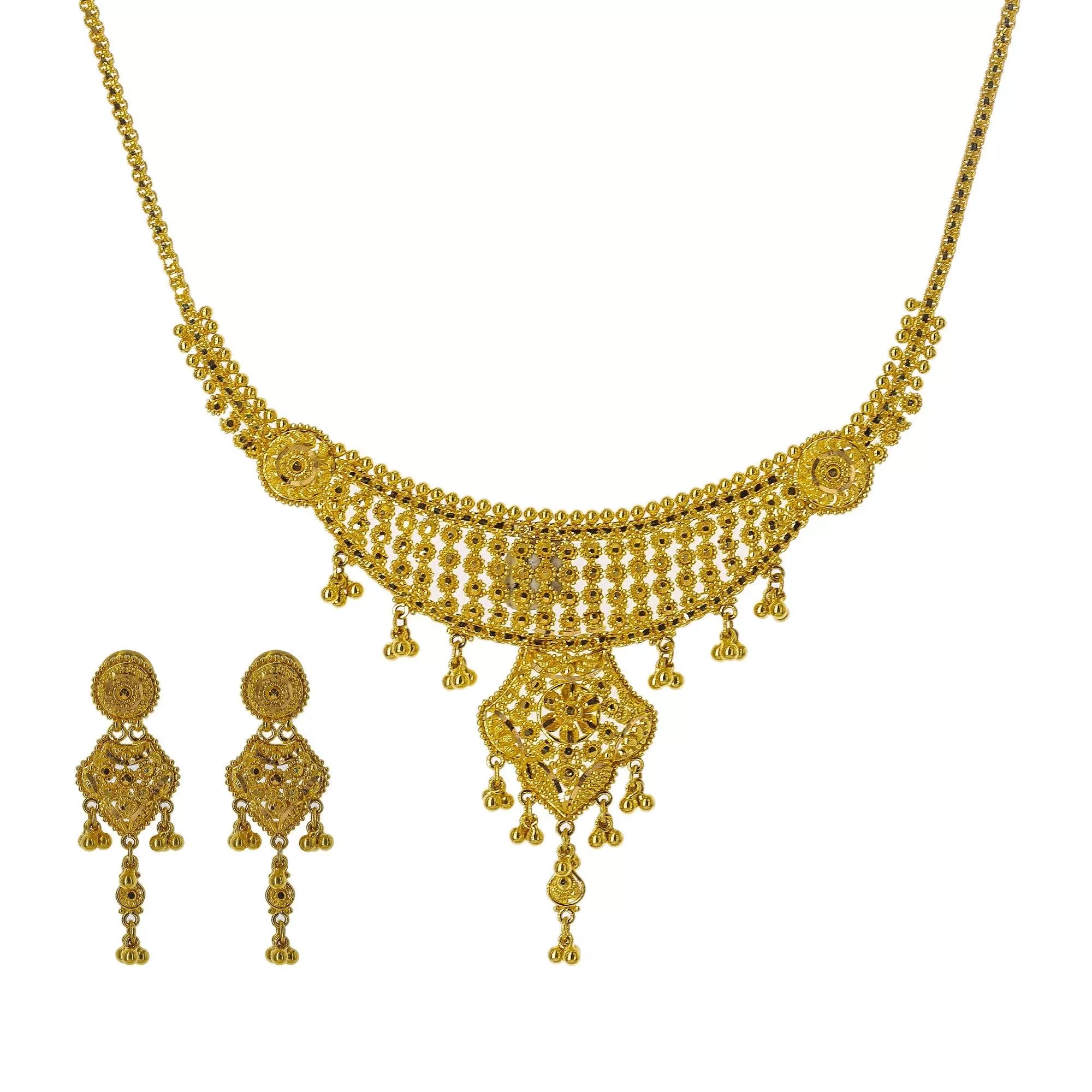 22K Yellow Gold Necklace Set W/ Gold Balls & Abstract Drop Pendants