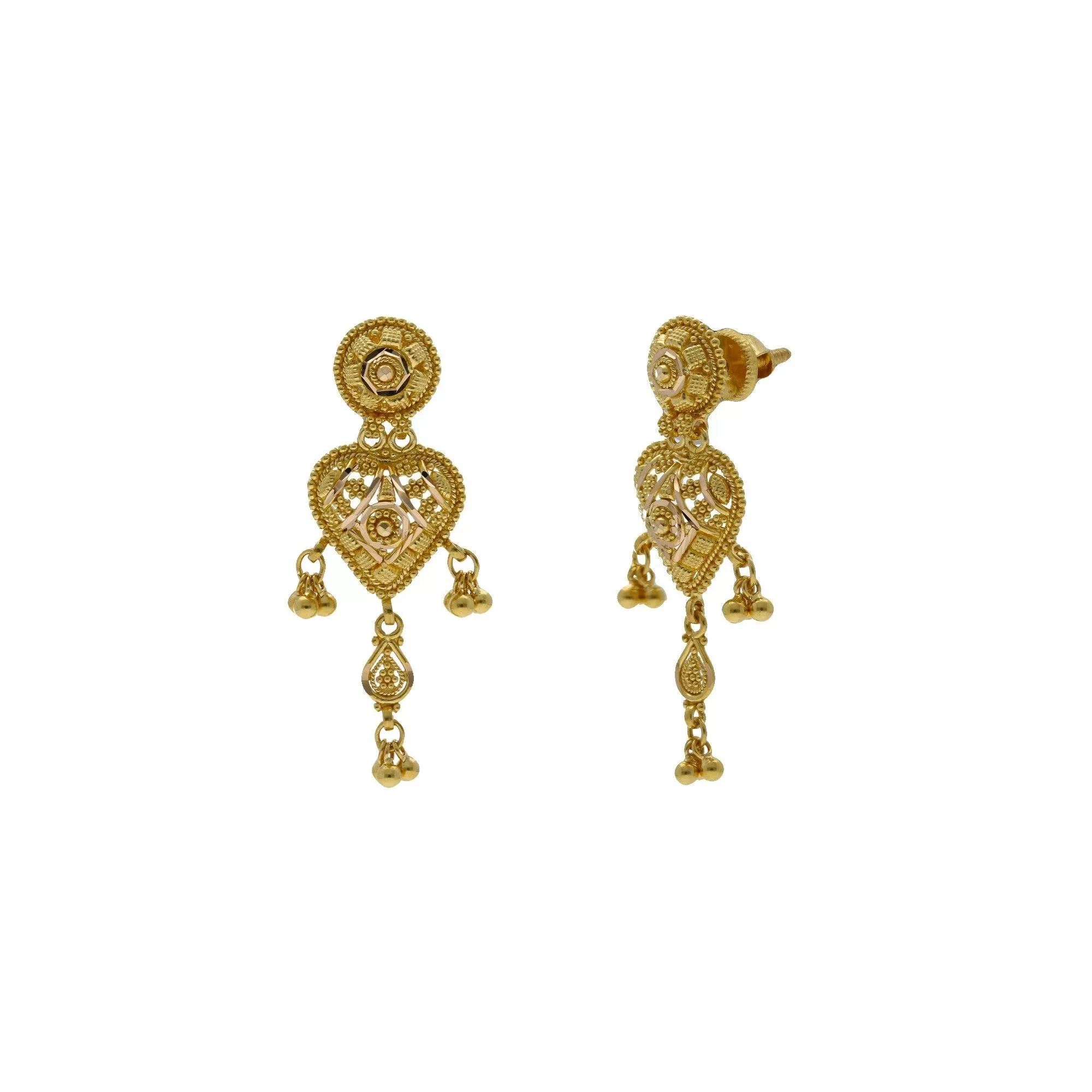 22K Yellow Gold Pendant & Earrings Set W/ Spindle Frame, Filigree & Drop Gold Balls