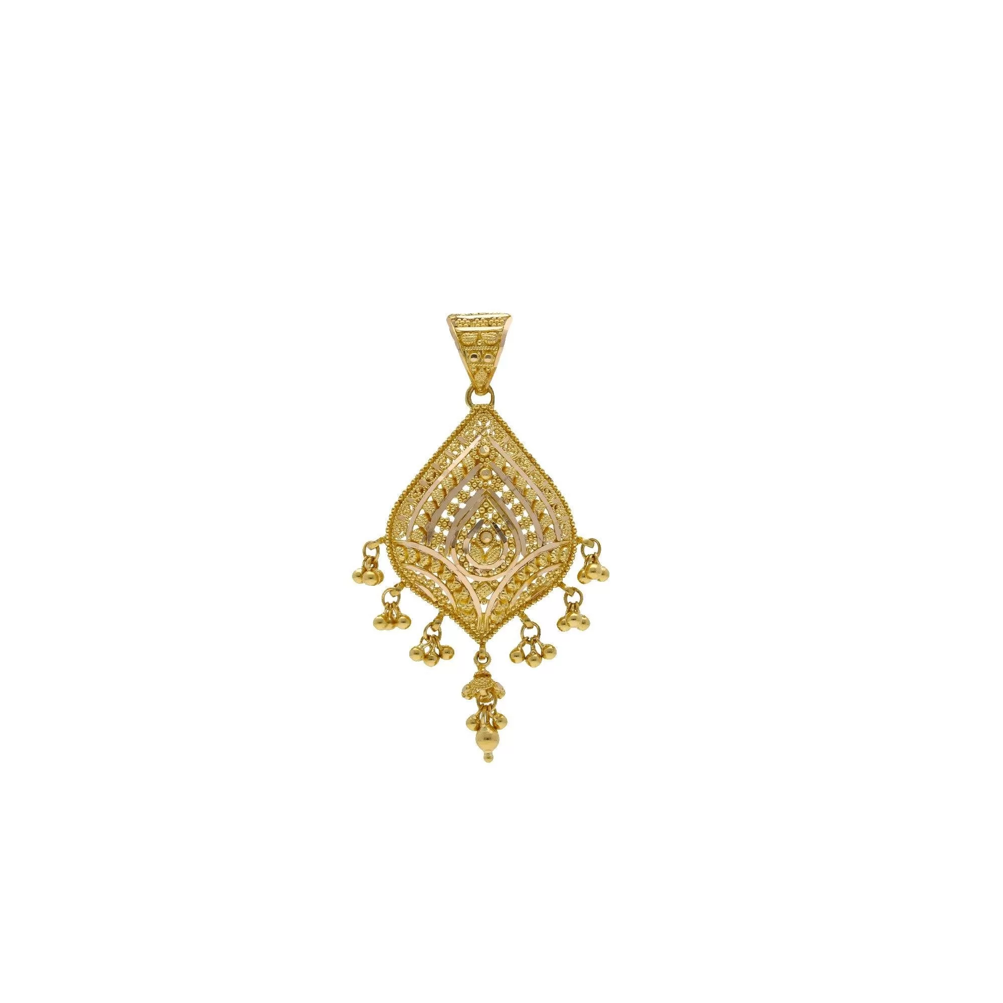 22K Yellow Gold Pendant & Earrings Set W/ Spindle Frame, Filigree & Drop Gold Balls