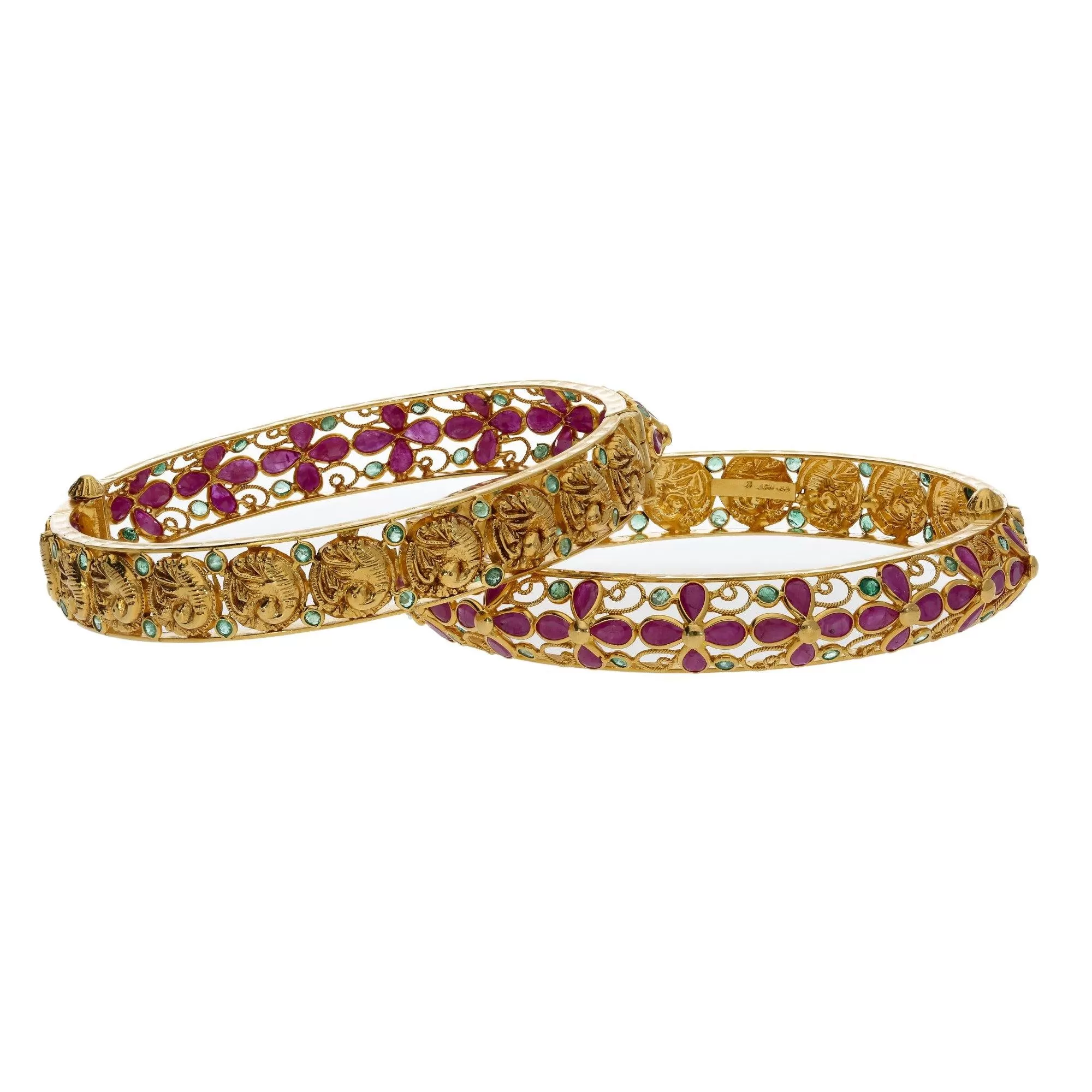 22K Yellow Gold Studded Flower Bangles Set of 2 W/ Emeralds, Rubies & Peacock Coins