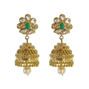 22K Yellow Gold Uncut Diamond Jhumki Earrings W/ 1.77ct Uncut Diamonds, Emeralds, Rubies & Drop Pearls