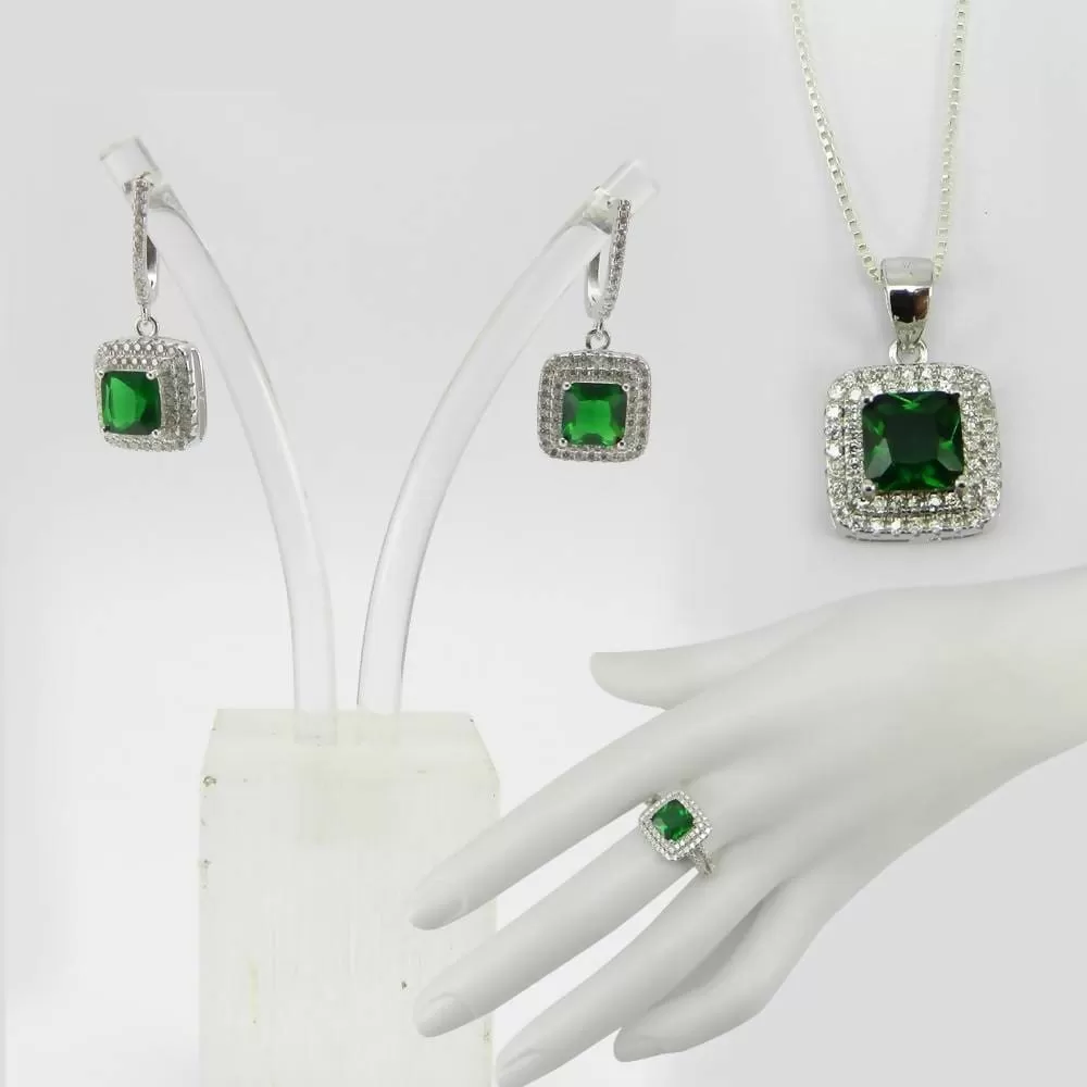 3 Pcs Green Zircon and White CZ 925 Sterling Silver Designer Jewelry Set