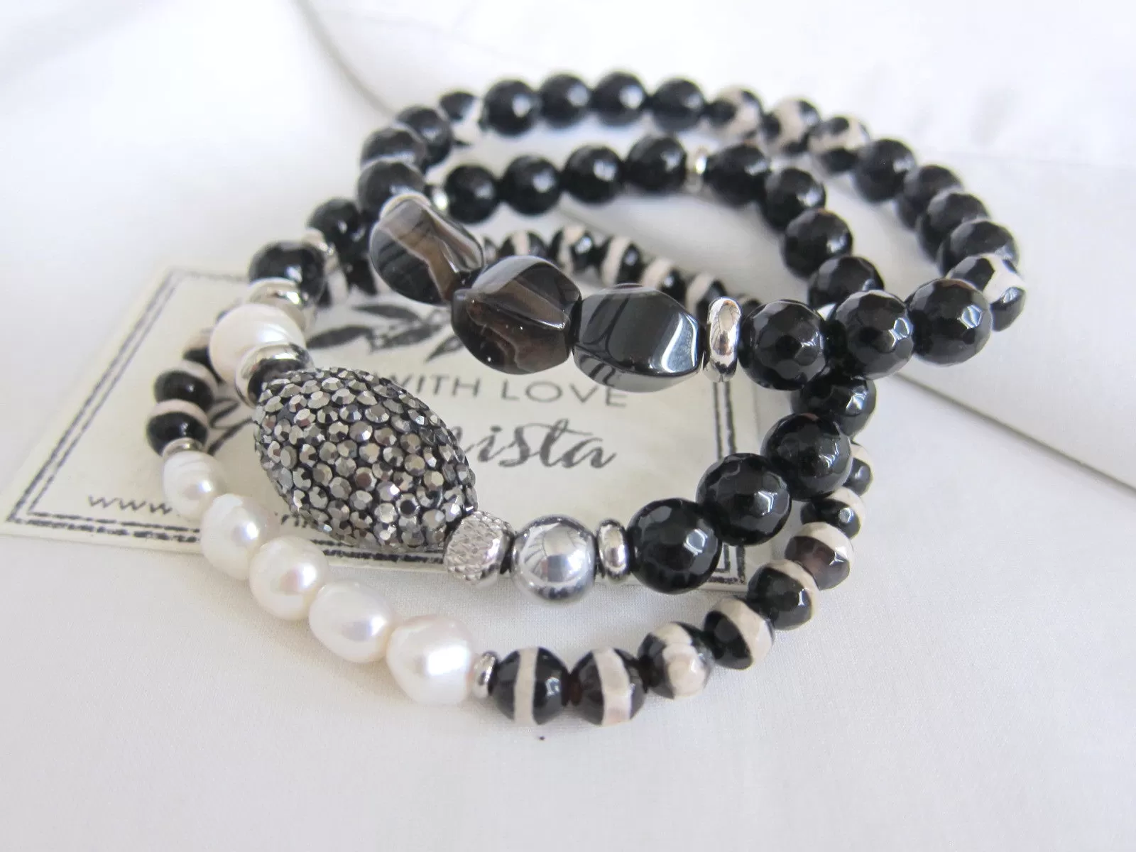 3 piece set - Black Onyx, Agate, Baroque Freshwater Pearl Energy Mala Bracelets