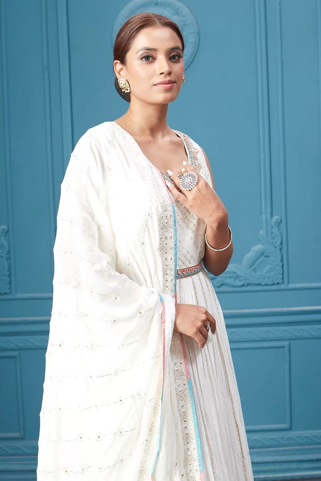 510041 White Embroidered Anarkali Suit Set