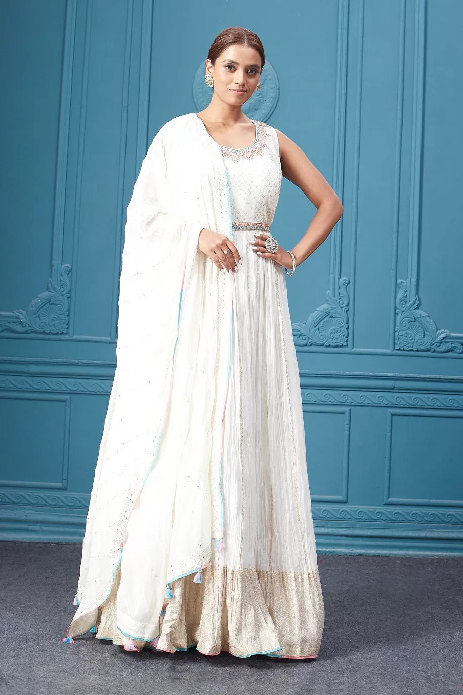 510041 White Embroidered Anarkali Suit Set