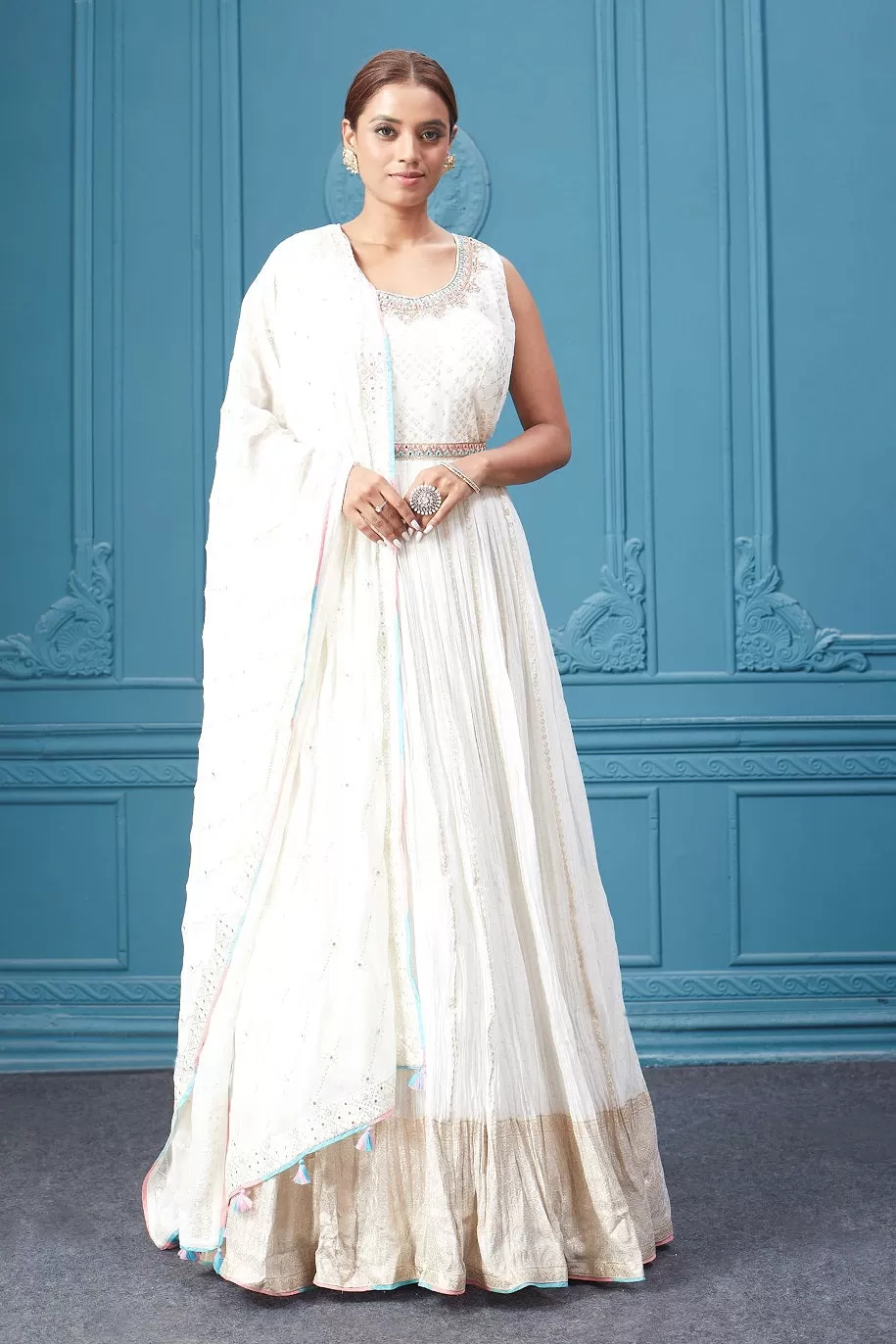 510041 White Embroidered Anarkali Suit Set