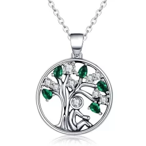 925 Sterling Silver Tree of Life with Clear and Green Zirconia Crystals