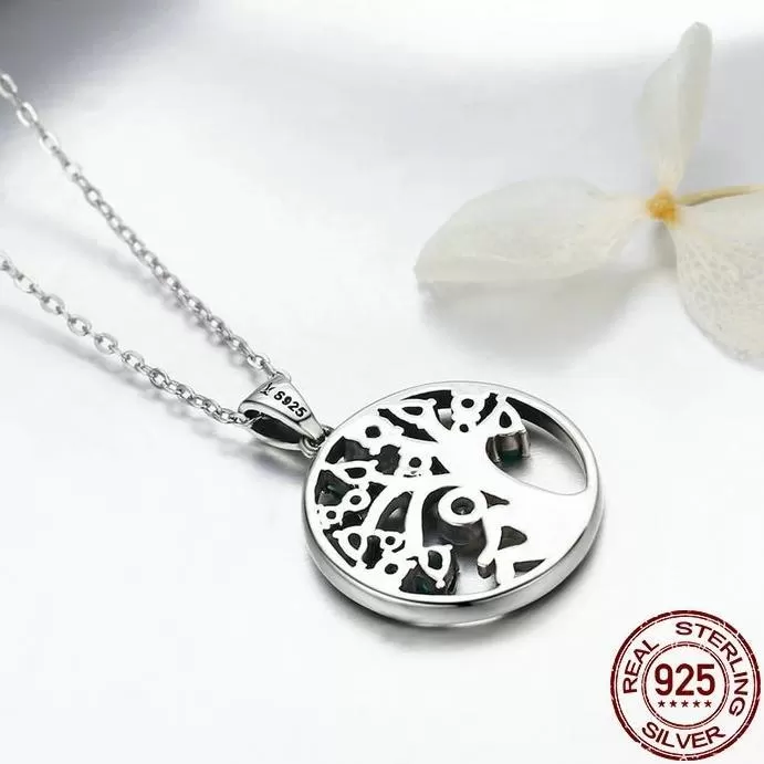 925 Sterling Silver Tree of Life with Clear and Green Zirconia Crystals