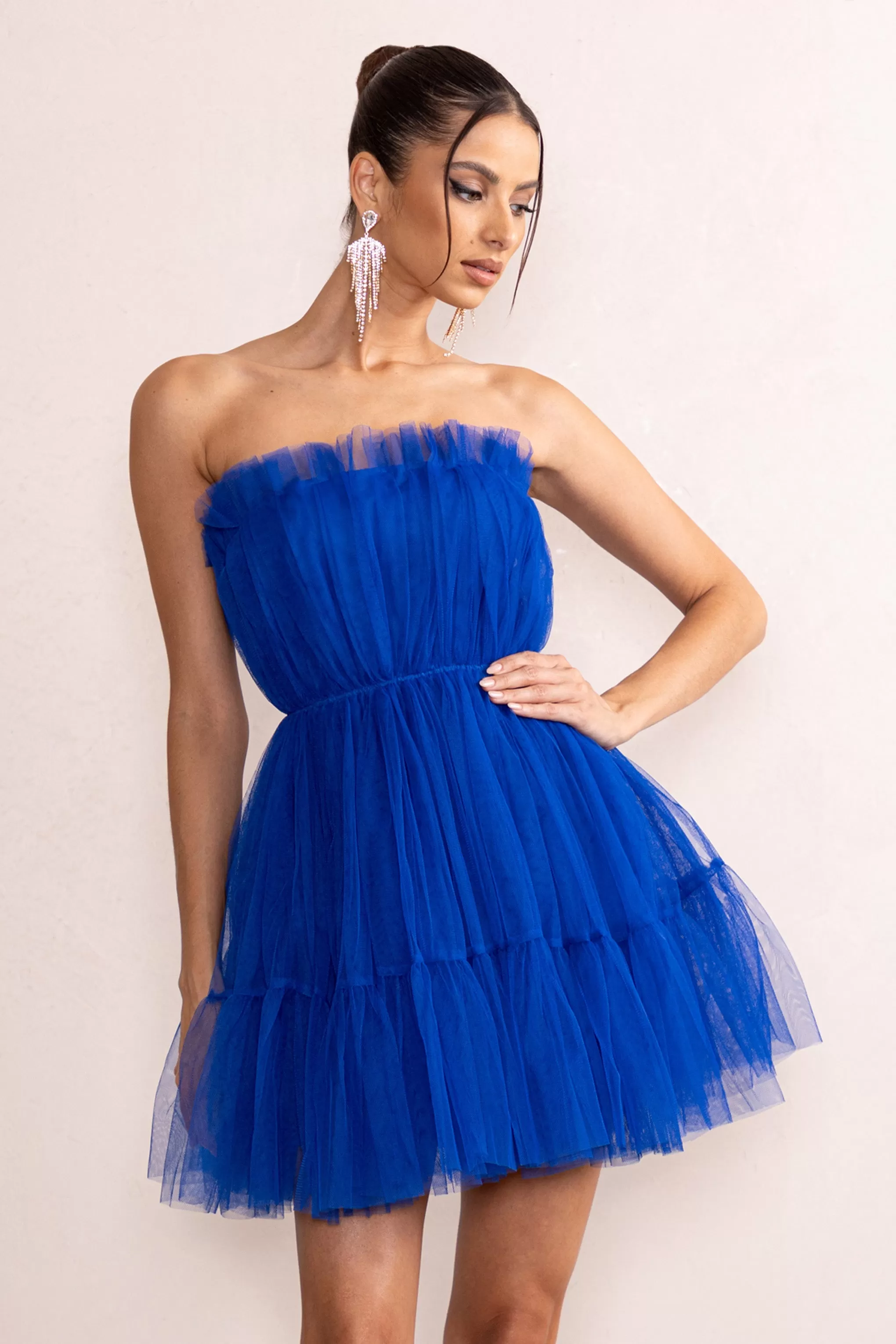 Aella | Cobalt Blue Bandeau Volume Pleated Tulle Mini Dress