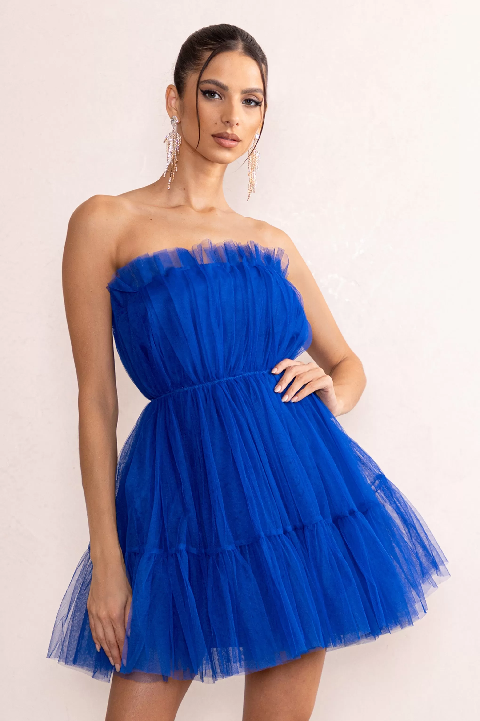 Aella | Cobalt Blue Bandeau Volume Pleated Tulle Mini Dress