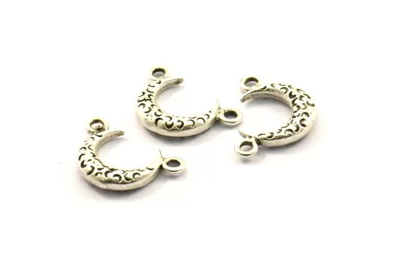 Antique Silver Moon Charm, 3 Antique Silver Plated Textured Horn Charms, Pendant, Jewelry Finding (12x3.50x3mm) N0268 H0216