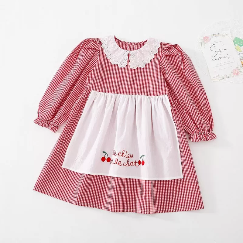 Baby Kid Girls Checked Lace Embroidered Princess Dresses