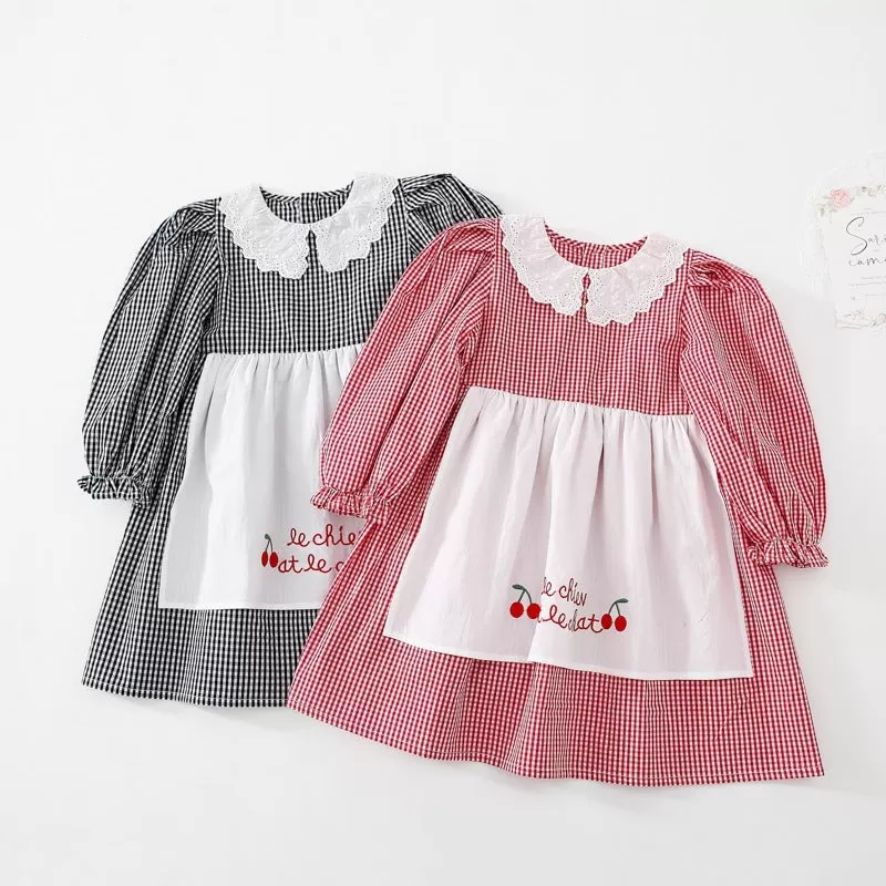 Baby Kid Girls Checked Lace Embroidered Princess Dresses