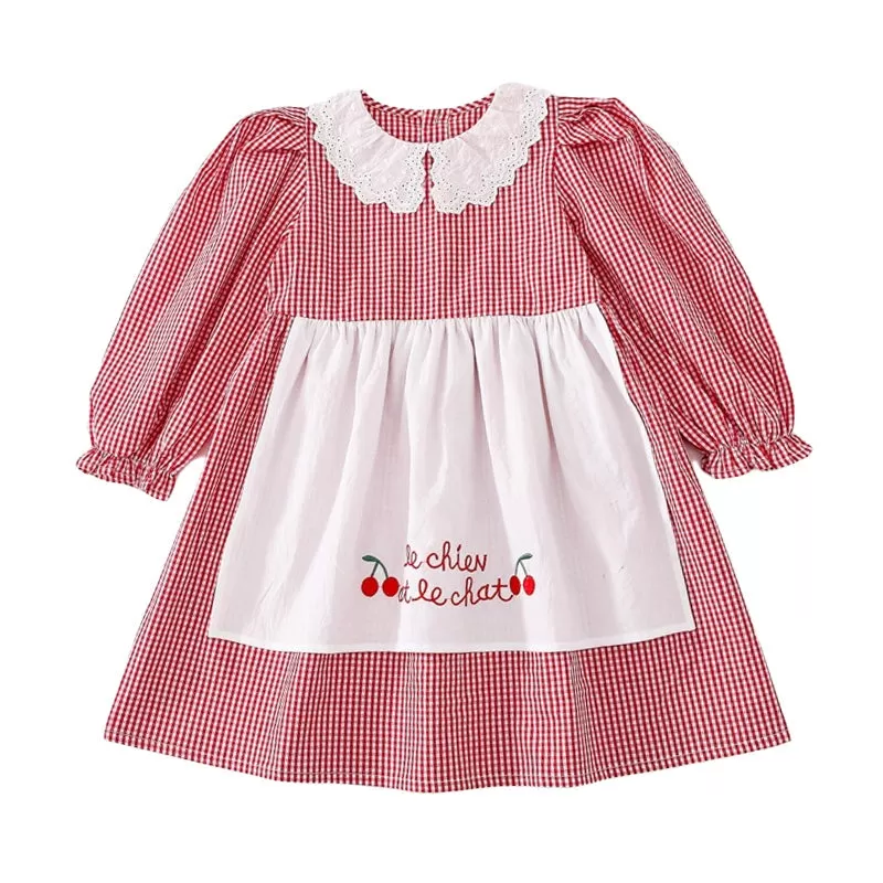 Baby Kid Girls Checked Lace Embroidered Princess Dresses