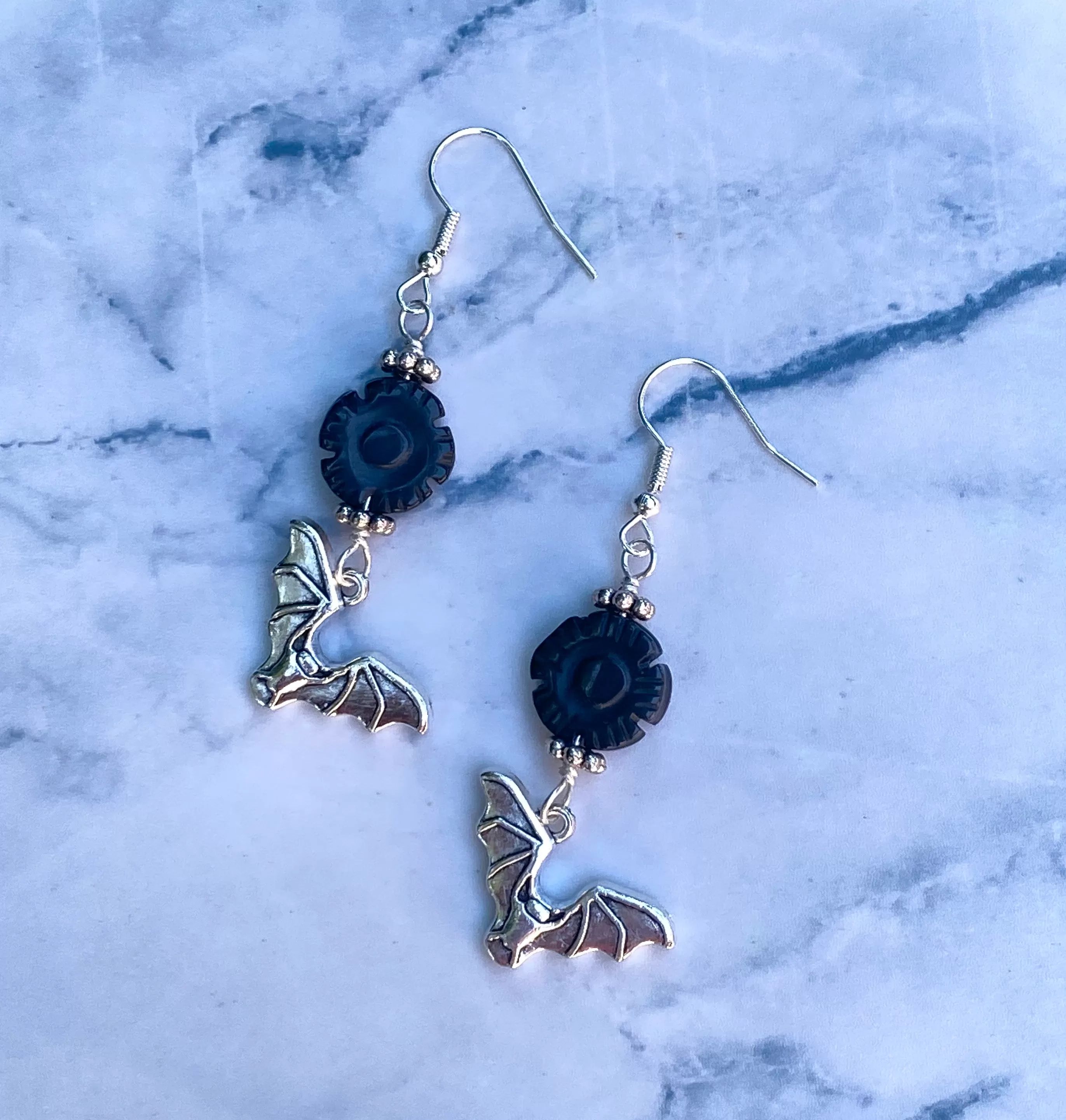 Bat Dangle Earrings with Onyx Flowers