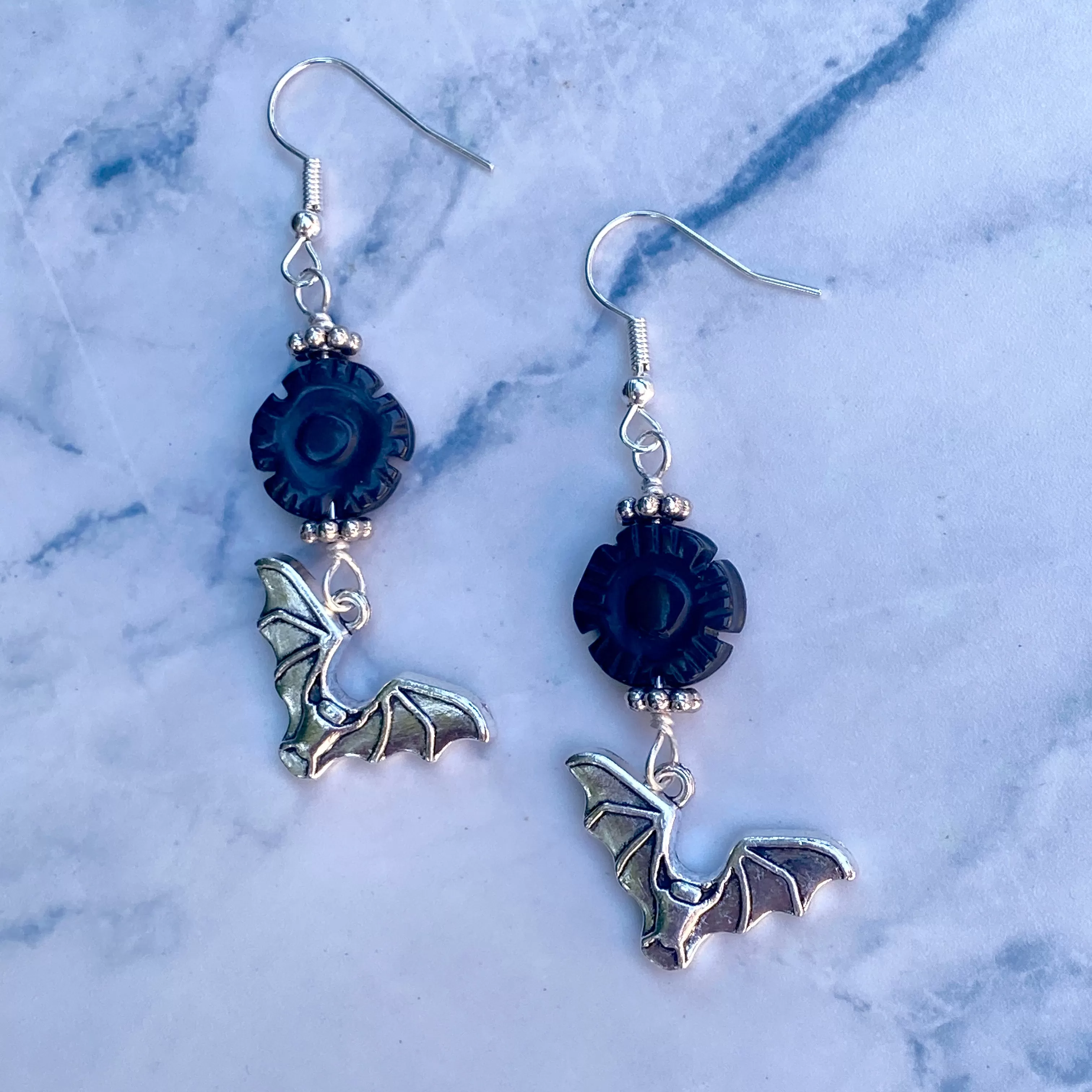 Bat Dangle Earrings with Onyx Flowers