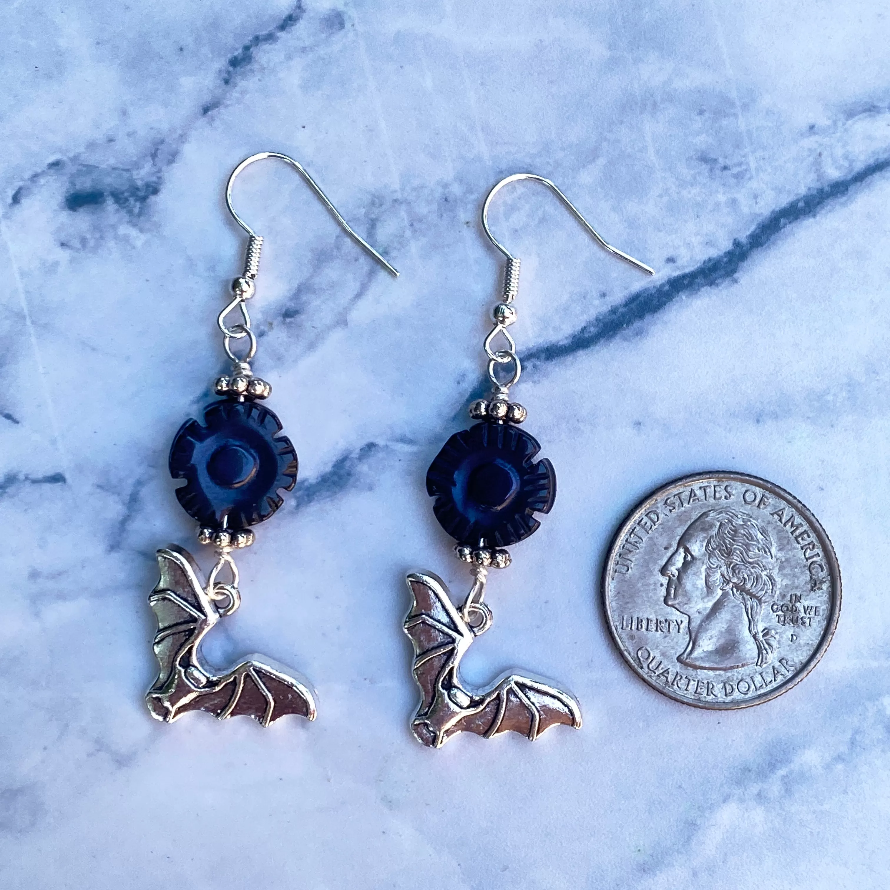 Bat Dangle Earrings with Onyx Flowers