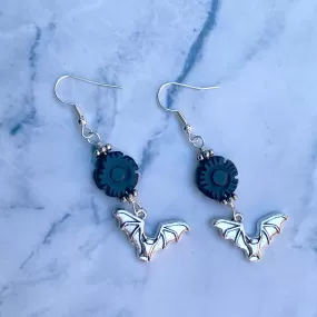 Bat Dangle Earrings with Onyx Flowers