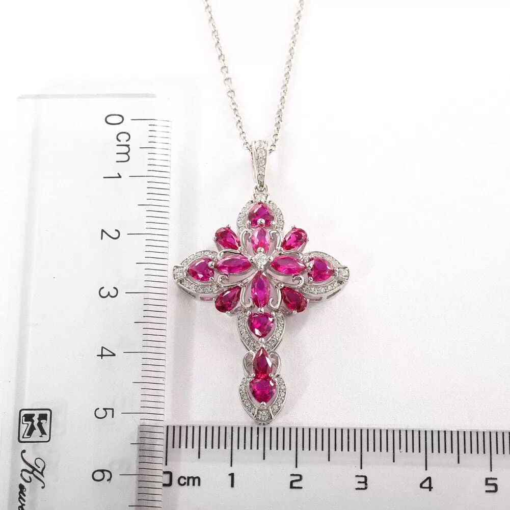 Big Cross Ruby and Tanzanite 925 Sterling Silver Pendant Necklace