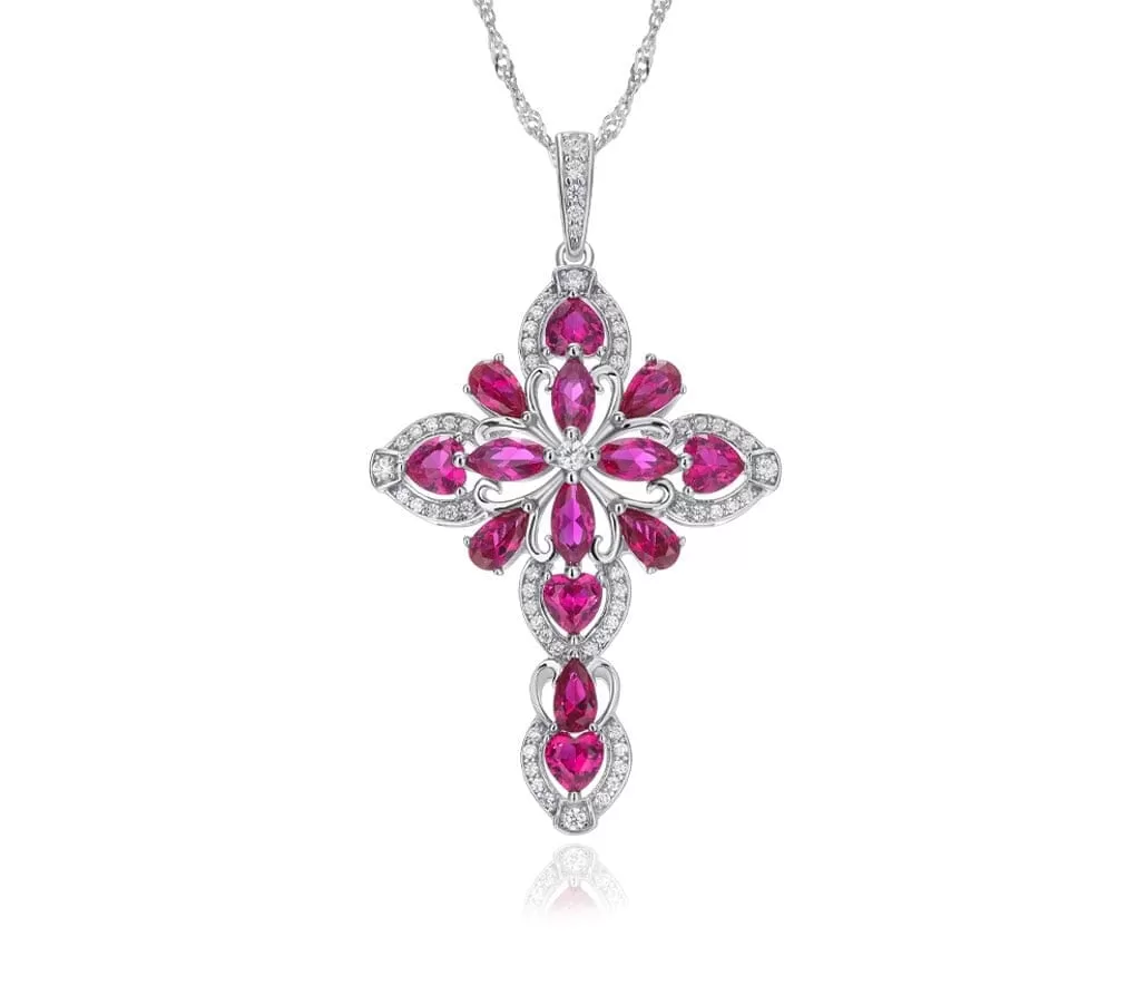 Big Cross Ruby and Tanzanite 925 Sterling Silver Pendant Necklace