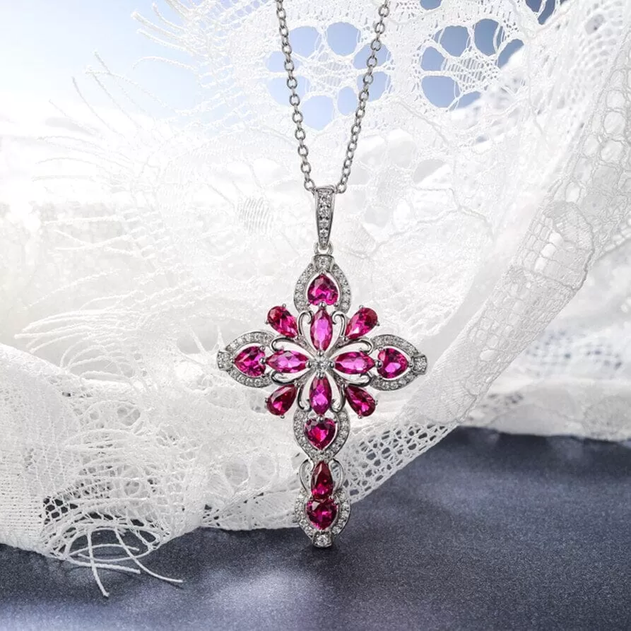 Big Cross Ruby and Tanzanite 925 Sterling Silver Pendant Necklace