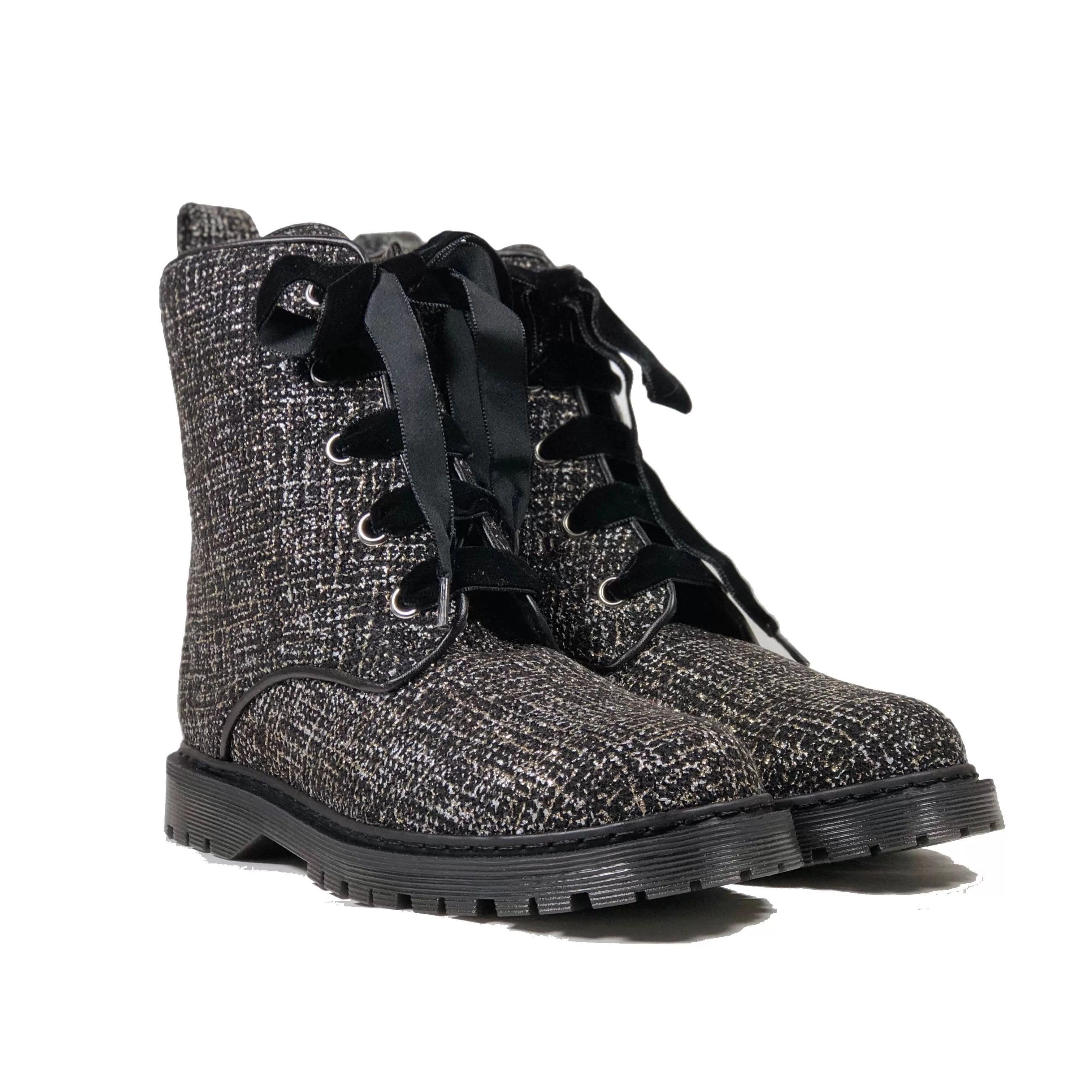 'Billie' vegan combat boots by Zette Shoes - Silver/Black textile