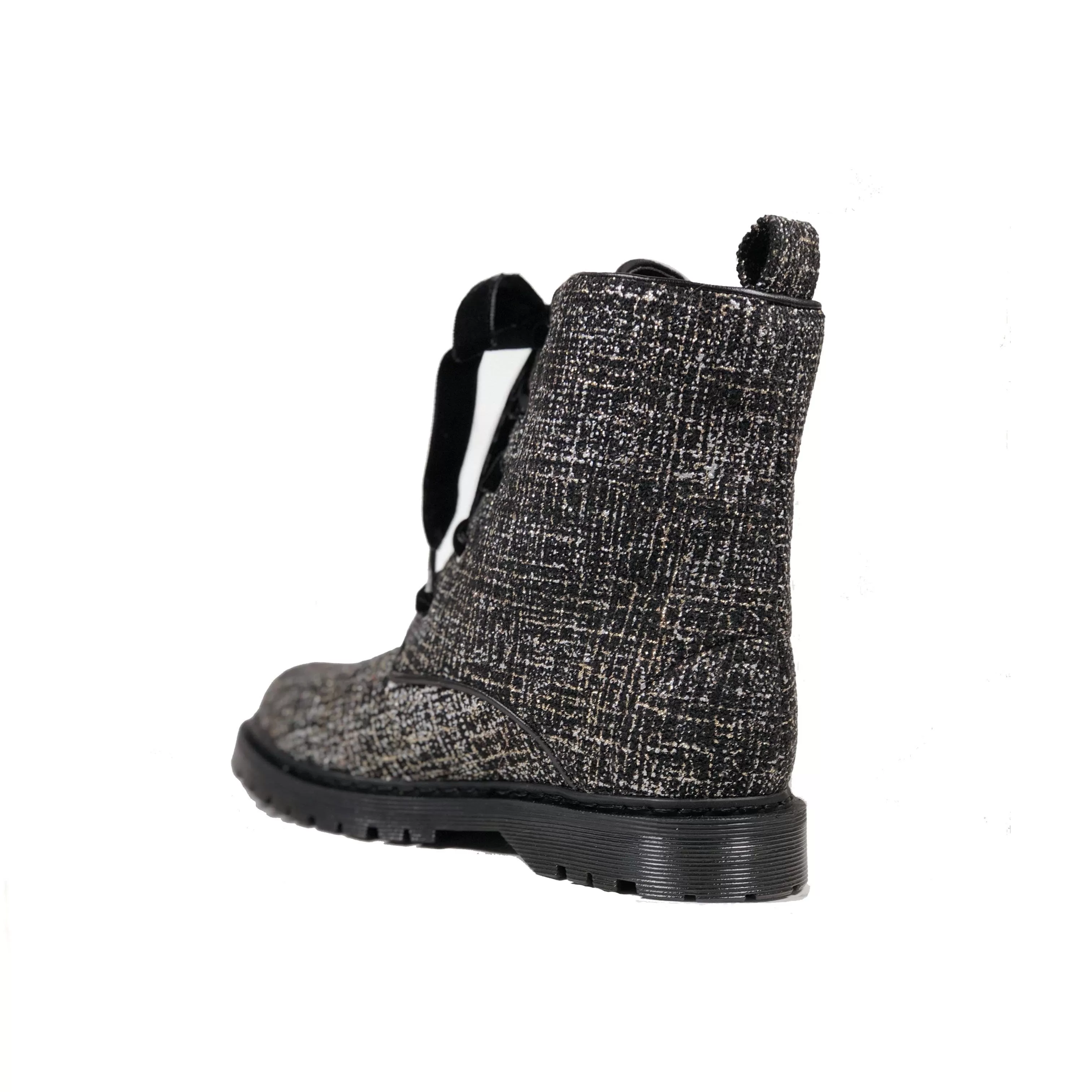 'Billie' vegan combat boots by Zette Shoes - Silver/Black textile