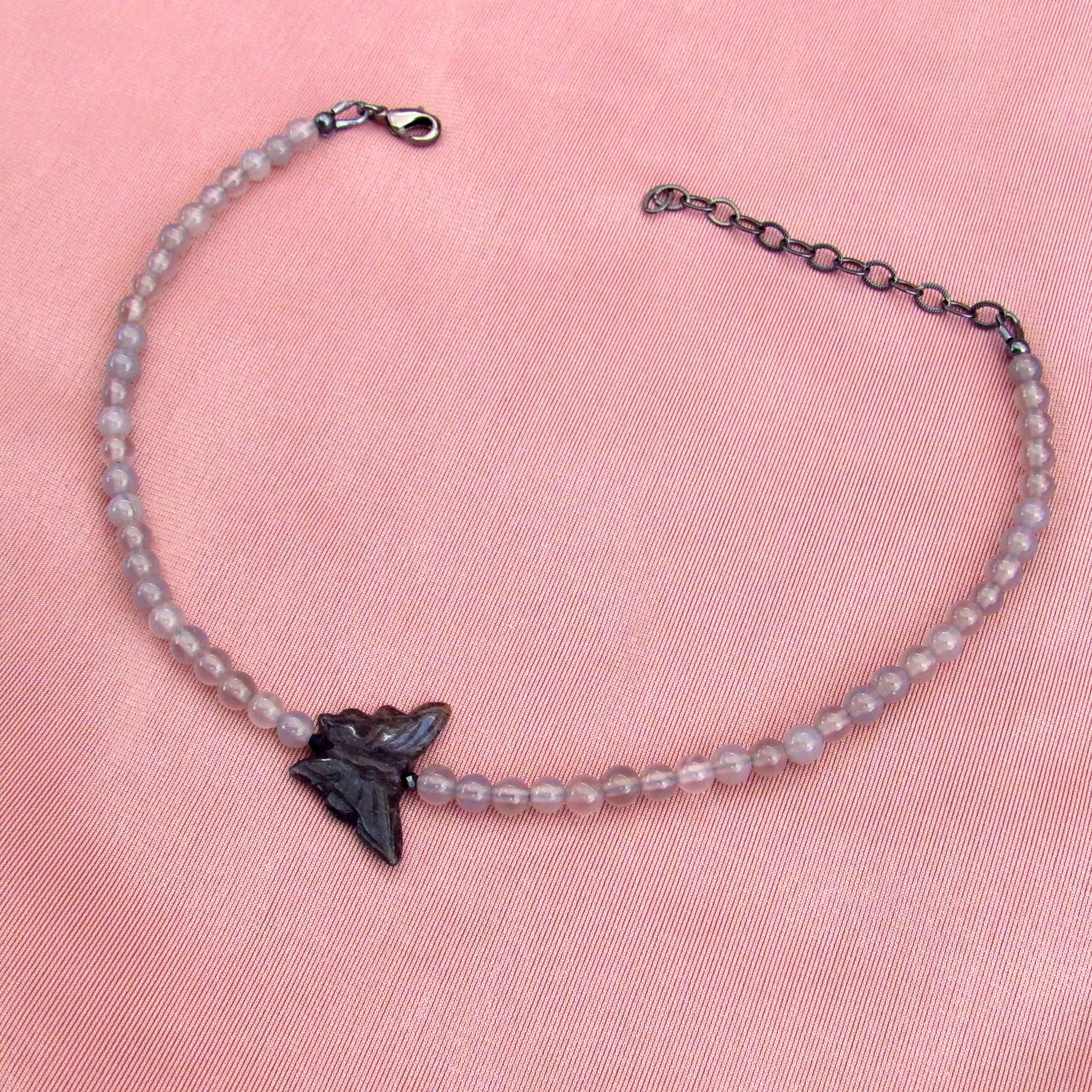 Black Aventurine Butterfly, Black Spinel, Grey Agates, and Oxidized Sterling Silver Anklet