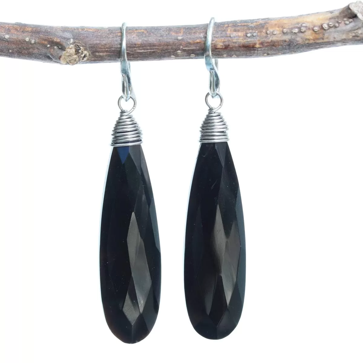 Black onyx teardrop faceted earrings with silver wire wrapped on oxidized sterling silver hooks style