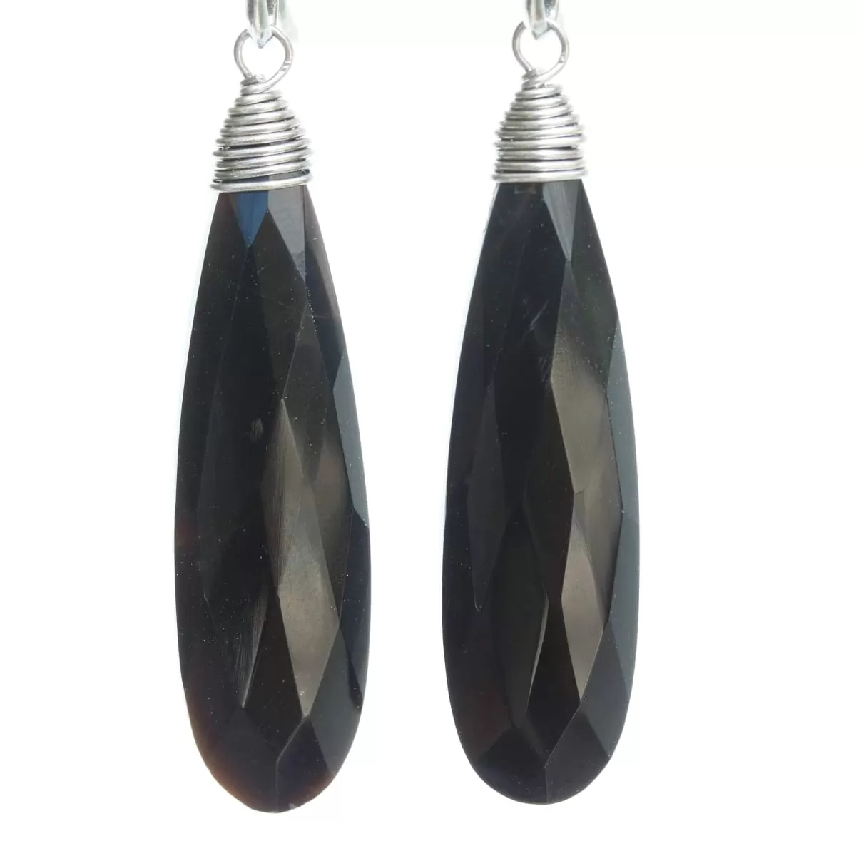 Black onyx teardrop faceted earrings with silver wire wrapped on oxidized sterling silver hooks style