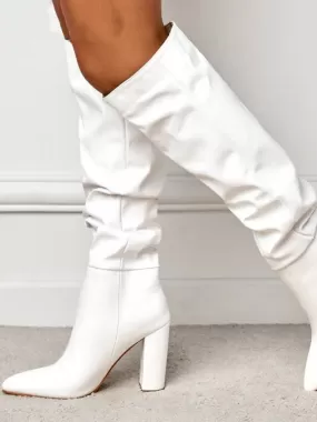 Boots White Black Women Knee High Boots Sexy Pointed Toe Square Heels