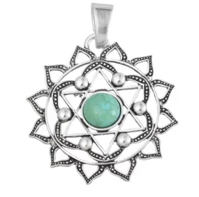 Buddhist Lotus Flower 2D Star of David Sacred Geometry Mandala Green Resin Center Stone Silver Plated Pendant