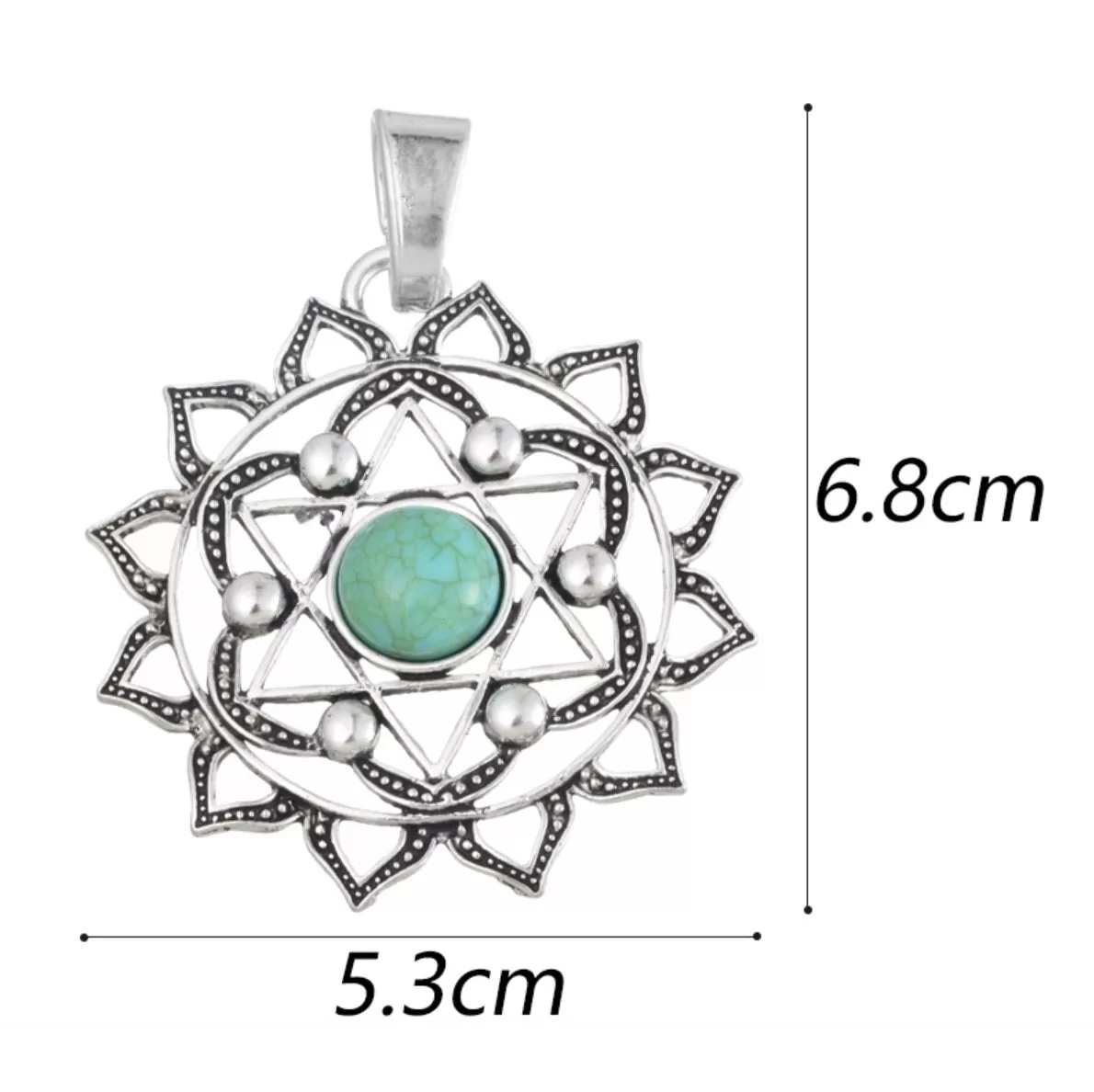 Buddhist Lotus Flower 2D Star of David Sacred Geometry Mandala Green Resin Center Stone Silver Plated Pendant