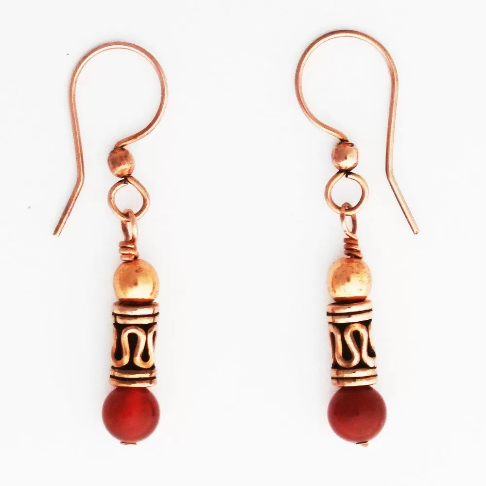 Copper Carnelian Earrings With Handmade Copper Beads ECD21X Solid Copper Earrings With Carnelian Gemstone Beads