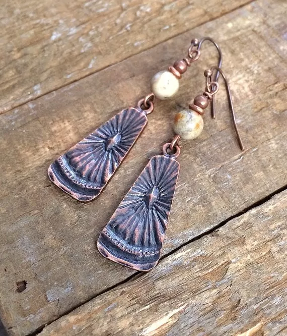 Copper Earrings, Bohemian Earrings, Boho Dangle Earrings, Agate Stone Earrings